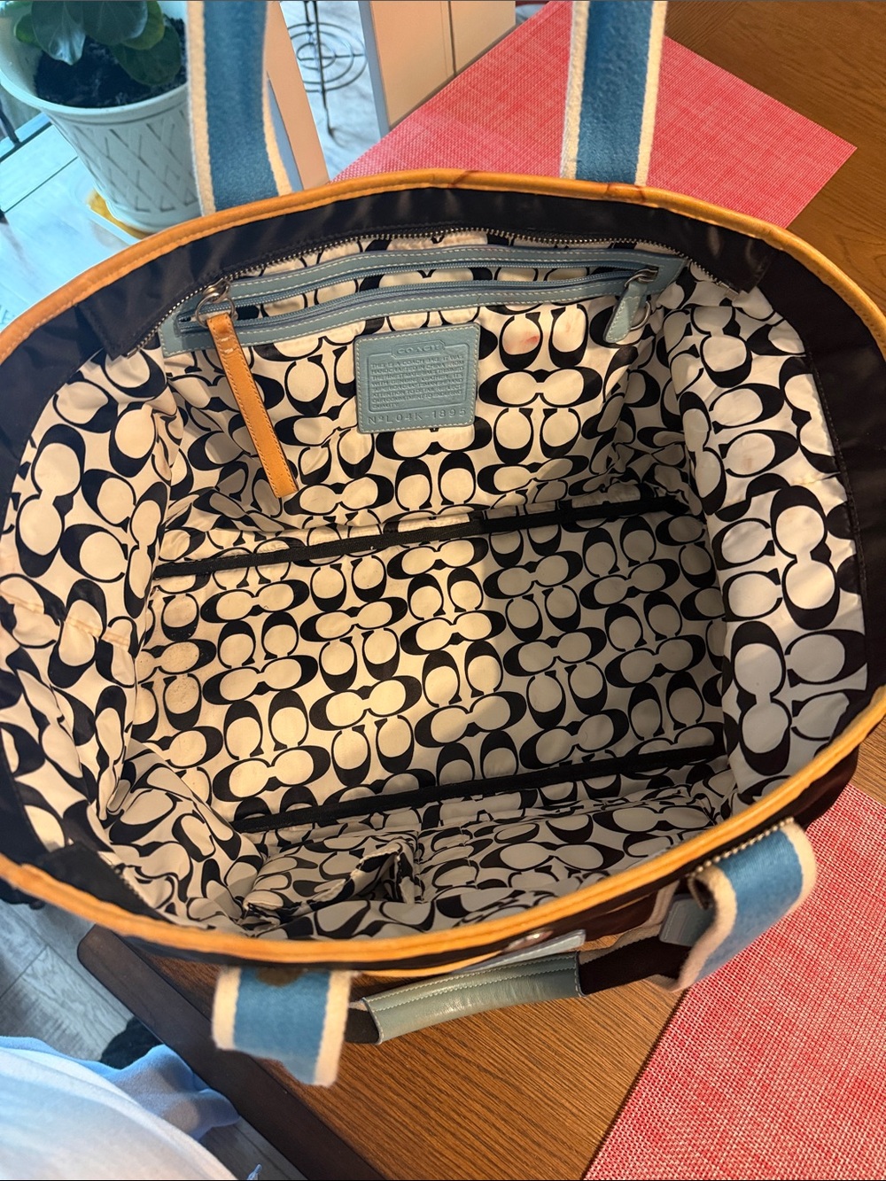 Coach Black Nylon Tote with Light Blue Trim and Yellow Piping - Picture 2 of 3